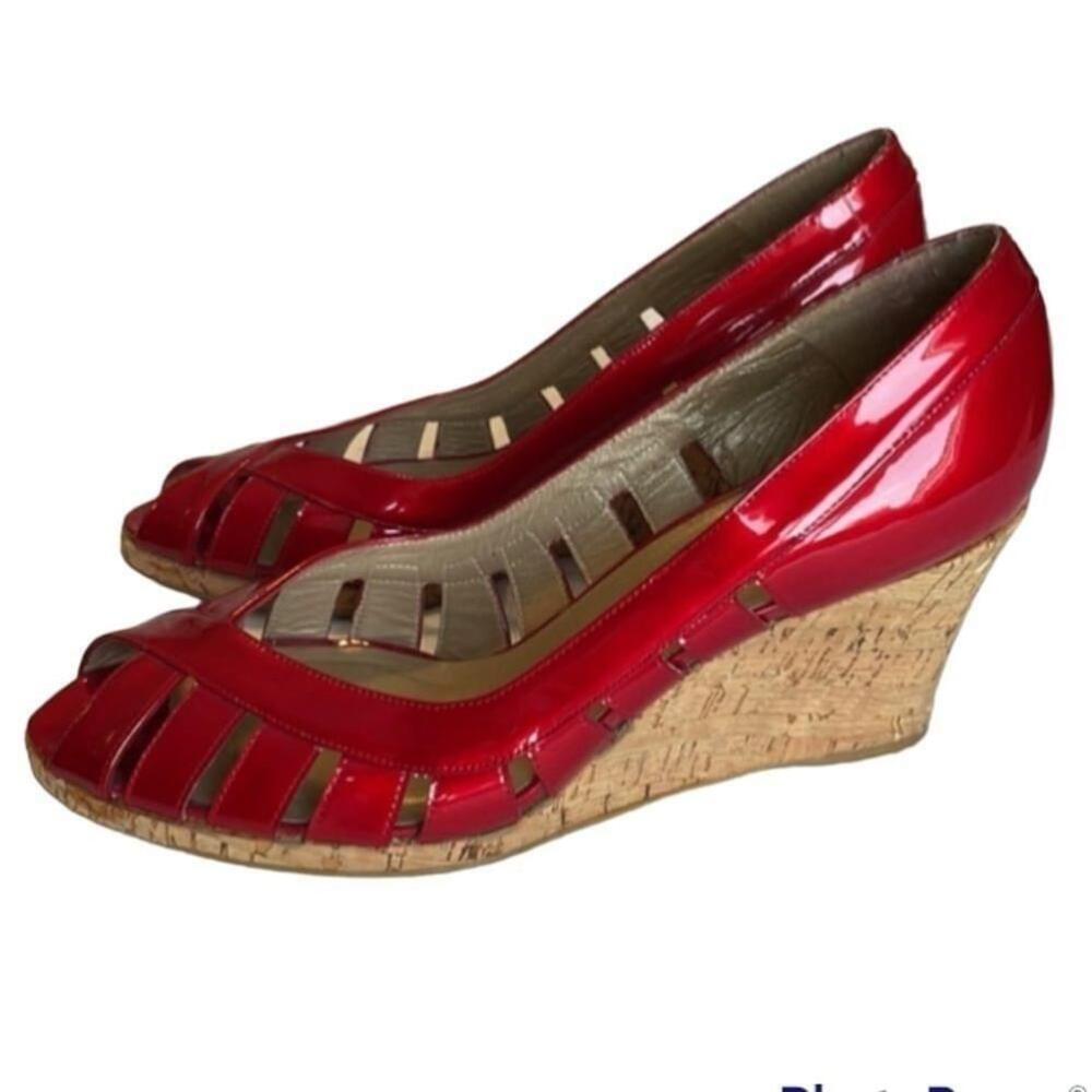 STUART Weitzman Red Patent Leather Open Toe Wedges